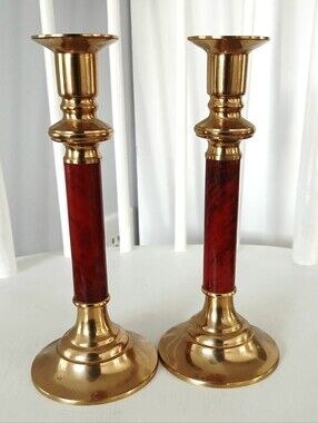 Vintage Brass and Red Column Candlesticks - Elegant Home Accent Pair